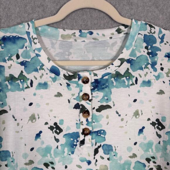Abstract Watercolor Tunic Top 2X Blue Green Henley Thin Jersey Stretch Artsy - Picture 5 of 12